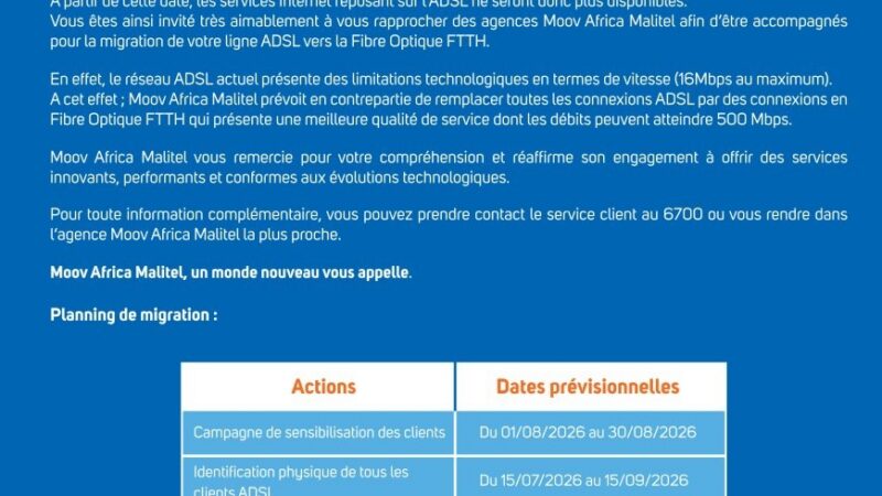 Moov Africa Malitel tourne la page de l’ADSL : la migration vers la fibre optique FTTH lancée d’ici fin 2026